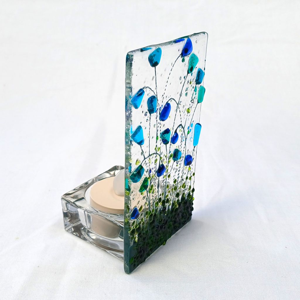 Fused Glass Tealight Holder With Blue Flowers - Image 2