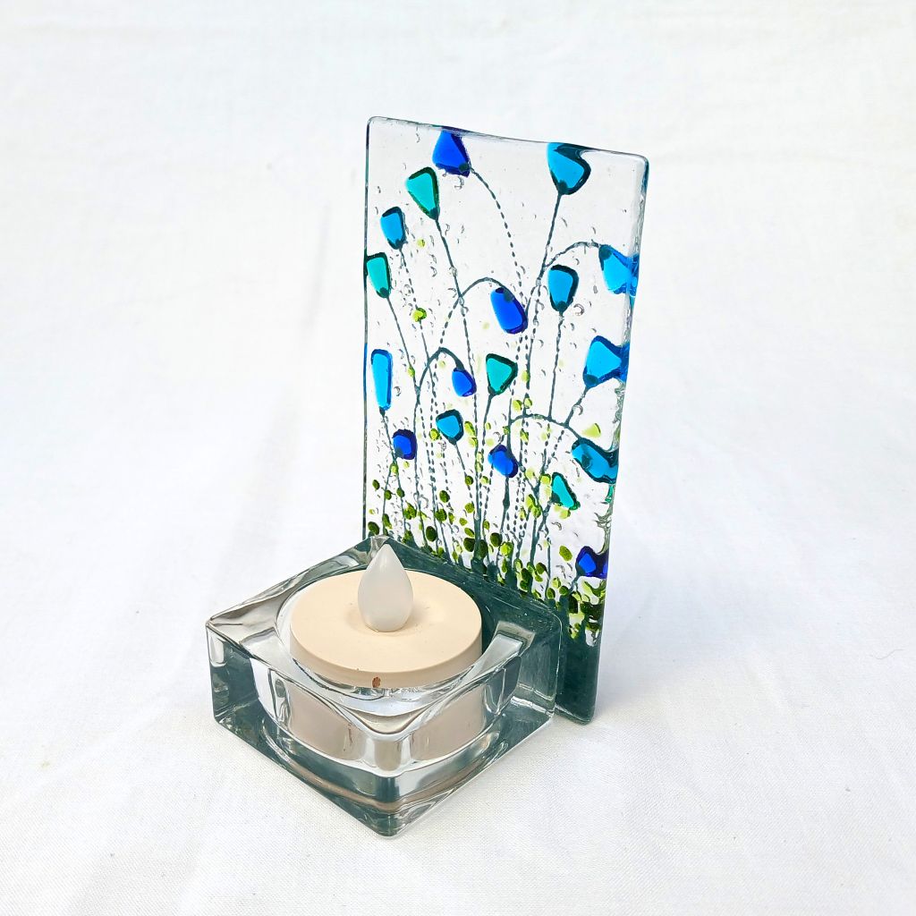 Fused Glass Tealight Holder With Blue Flowers - Image 3
